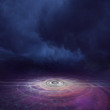 sci-fi landscape for music or game. futuristic landscape with glowing electricity circles background. 