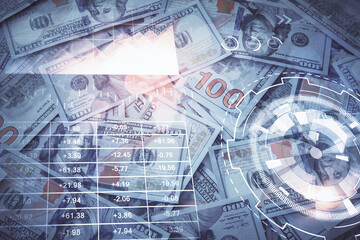 Double exposure of forex graph drawing over us dollars bill background. Concept of financial markets.
