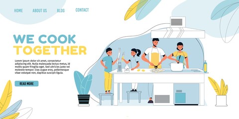 Happy family member cooking together on home kitchen. Mother boiling soup. Father frying beefsteak. Children cleaning vegetables. Household daily activity. Everyday life tradition. Landing page