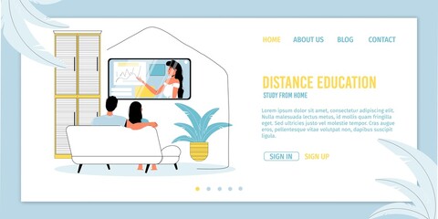 Obraz na płótnie Canvas Distance education, study from home. Man woman couple watching video tutorial on tv-set together. Teacher speaker presenting learning material on monitor. E-learning on quarantine. Landing page design