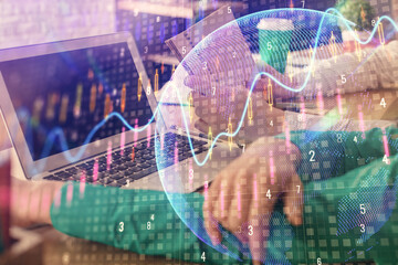 Double exposure of man and woman working together and forex chart hologram. Business concept. Computer background.