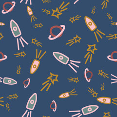 Rockets, comets, and planets seamless vector pattern. Doodle surface print design for fabrics, stationery, scrapbook paper, gift wrap, and packaging.