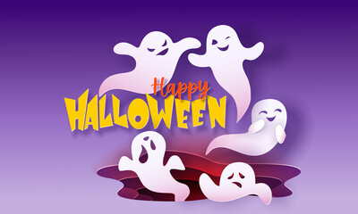 Happy halloween banner with ghosts flying in paper cut style