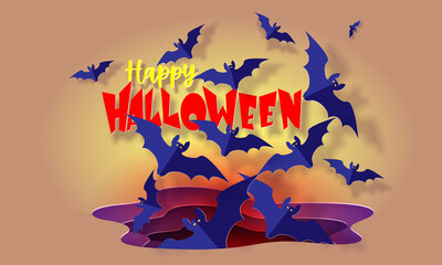 Happy Halloween background with flying bats. Modern paper cut style.