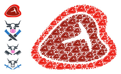 Vector T-bone beef steak mosaic is constructed from repeating recursive T-bone beef steak elements. Recursive mosaic from T-bone beef steak. Some other icons are present in this vector.