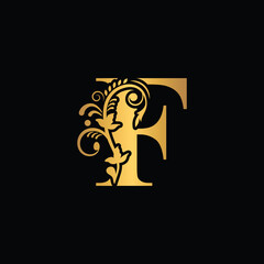 Gold letter F Vintage golden flower ornament initial letters.  Alphabet. Logo vector 