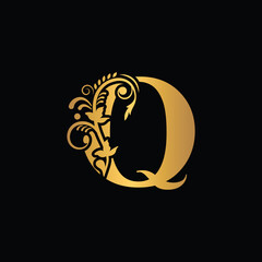 Gold letter Q Vintage golden flower ornament initial letters.  Alphabet. Logo vector 