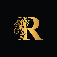 Gold letter R Vintage golden flower ornament initial letters.  Alphabet. Logo vector 