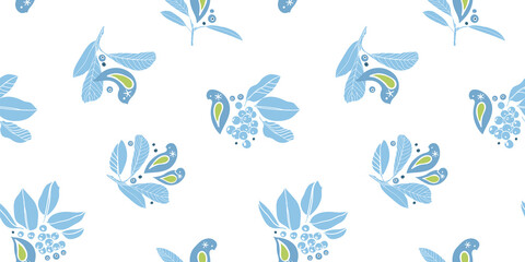 Vector cute hand drawn winter berry bird pattern. Simple folk art style design with bird, plant and snow flake in blue tones. All over print. Perfect for christmas season and winter holiday.