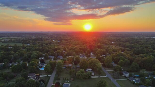 View from the heights of landscape farmland american countryside farm on skyline sunset in Akron Ohio USA
