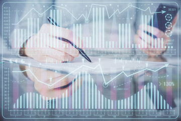 Double exposure of forex chart sketch hologram and woman holding and using a mobile device. Financial market concept.