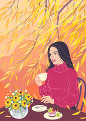Obraz na płótnie Canvas Dreamy woman drinking coffee and enjoying the autumn.