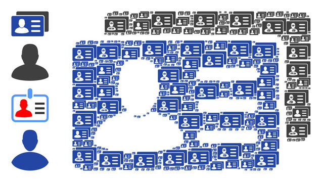 Vector user account cards composition is designed of scattered recursive user account cards parts. Recursion composition of user account cards. Some other icons are present in this vector. - Powered by Adobe