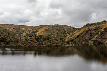 lake with mountains and cloudy sky
