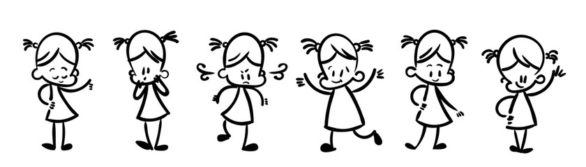 Collection of happy cartoon kids, lined hand drawn doodle outline style