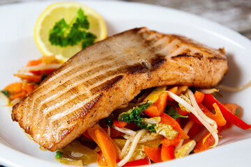 Pan Fried Salmon on Vegetable Stir Fry