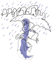 One continuous line drawing of young woman with umbrella walking alone in the street.
Simple one line drawing of  rainy weather.