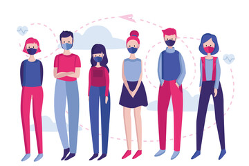 Vector color illustration. Group of people wearing medical masks to prevent disease, Protect from viruses, Air pollution, Contaminated air, prevention of COVID-19. Vector illustration in a flat style.