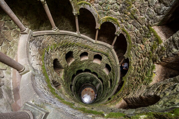 Beautiful view to old historic inverted tower in Quinta da Regaleira