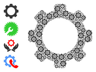 Vector gear mosaic is designed of random recursive gear icons. Fractal collage of gear. Some other icons are present in this vector.