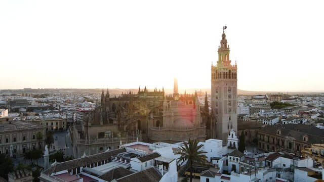 Seville, Andalucia, Spain - drone shot of the cityscape while sunset.