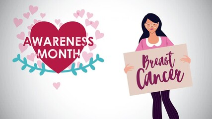 breast cancer campaign animation with woman lifting lettering and heart in banner - Powered by Adobe