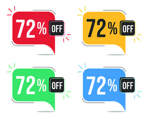 72% off. Red, yellow, green and blue tags with seventy-two percent discount. Banner with four colorful balloons with special offers vector.