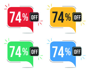 74% off. Red, yellow, green and blue tags with seventy-four percent discount. Banner with four colorful balloons with special offers vector.