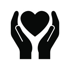 Vector illustration icon of heart between hands, two hands protecting heart.