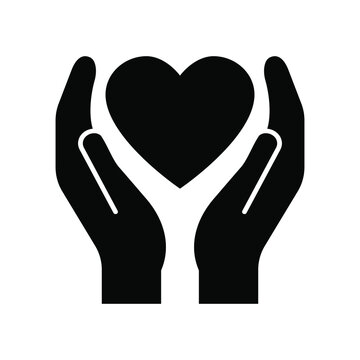 Vector illustration icon of heart between hands, two hands protecting heart.