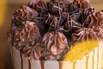Exquisite chocolate cake with chocolate cream and brownies on top.