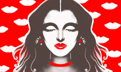 illustration portraits of a girl with closed eyes and red lipstick on her lips. Graphic background with lips. Fashionable stylish illustration about cosmetics