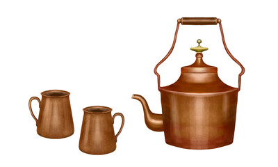Illustration of a copper teapot with copper cups. Isolated illustration on white background