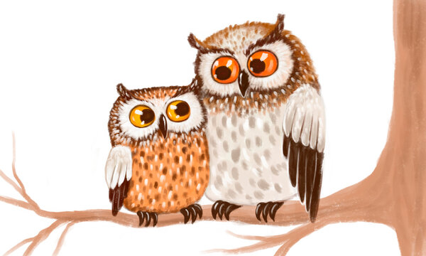 illustration of two hand drawn owls sitting on a branch. couple in love, or friendship. Textural graphic pattern on white background
