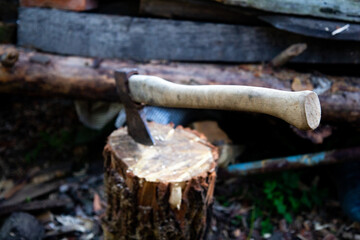Close-up view of an axe stuck in log