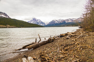 Fototapeta na wymiar Lake view and mountain background at Glacier National Park