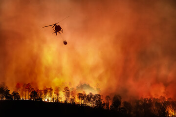 Un hélicoptère de lutte contre l& 39 incendie transporte un seau d& 39 eau pour éteindre l& 39 incendie de forêt