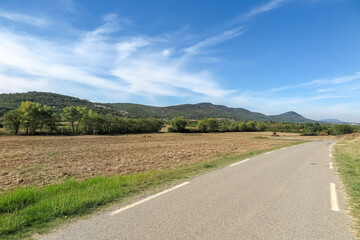 Fototapeta na wymiar Small regional road crossing planted fields with forest and mountains in the background, Provence-Alpes-Côte d'Azur region, Var, France