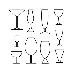 A set of different glasses in the form of black outlines on a white background. Silhouettes. Vector illustration for decoration of bars, restaurants, menus, banners, etc.