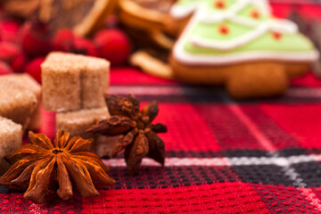 Christmas background. Star anise, hearts made of brown sugar and fir shaped cookie on a red tartan background. 