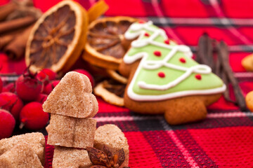 Hearts made of brown sugar, fir shaped cookie, dried orange slices and red berries on a red fabric background. Christmas greeting card. 
