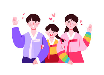 한복을 입은 캐릭터. 웃고있는 가족.