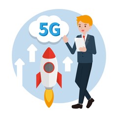 Handsome man using tablet phone, wireless internet 5G, financial business office vector design cartoon illustration