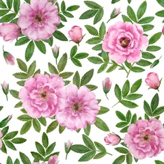 Foto op Canvas  Cute romantic vintage floral seamless pattern with wild rose flowers. Watercolor hand drawn illustration. © Yuliya