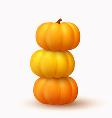 Pumpkins, crop pile and pile of vegetables stacked. Set object Realistic 3d orange pumpkins for holiday Halloween. Isolated on white background. Vector illustration