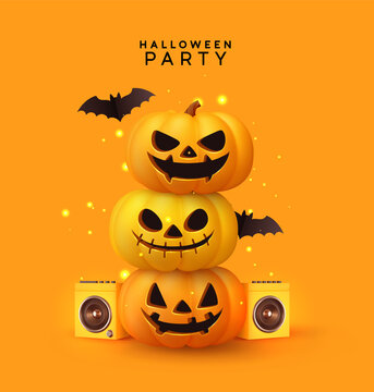 Happy Halloween disco party. Festive background with realistic 3d orange pumpkins with cut scary smile, flying bats. Holiday themed music poster with speakers, flyer, brochure. Vector illustration