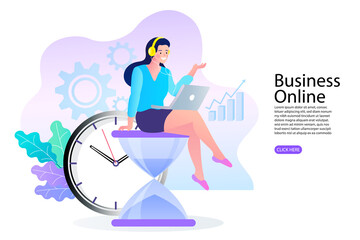 A businesswoman works online efficiently, sitting on an hourglass with a laptop. A clock and growth chart symbolize successful time management, meeting deadlines, and business productivity.