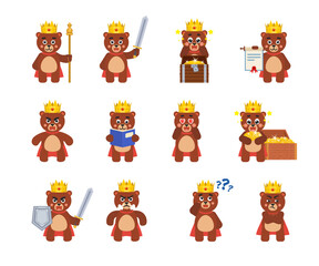 Set of bear king characters showing various actions. Chibi bear king reading book, holding scroll, sword, thinking and showing other actions. Vector illustration