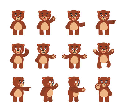Set of cute bear character showing various hand gestures. Cheerful teddy bear pointing, greeting, celebrating, showing thumb up and other gestures. Vector illustration