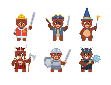 Set of cute bear wearing various medieval costumes. Bear king, pirate, wizard, viking, knight, black knight. Vector illustration